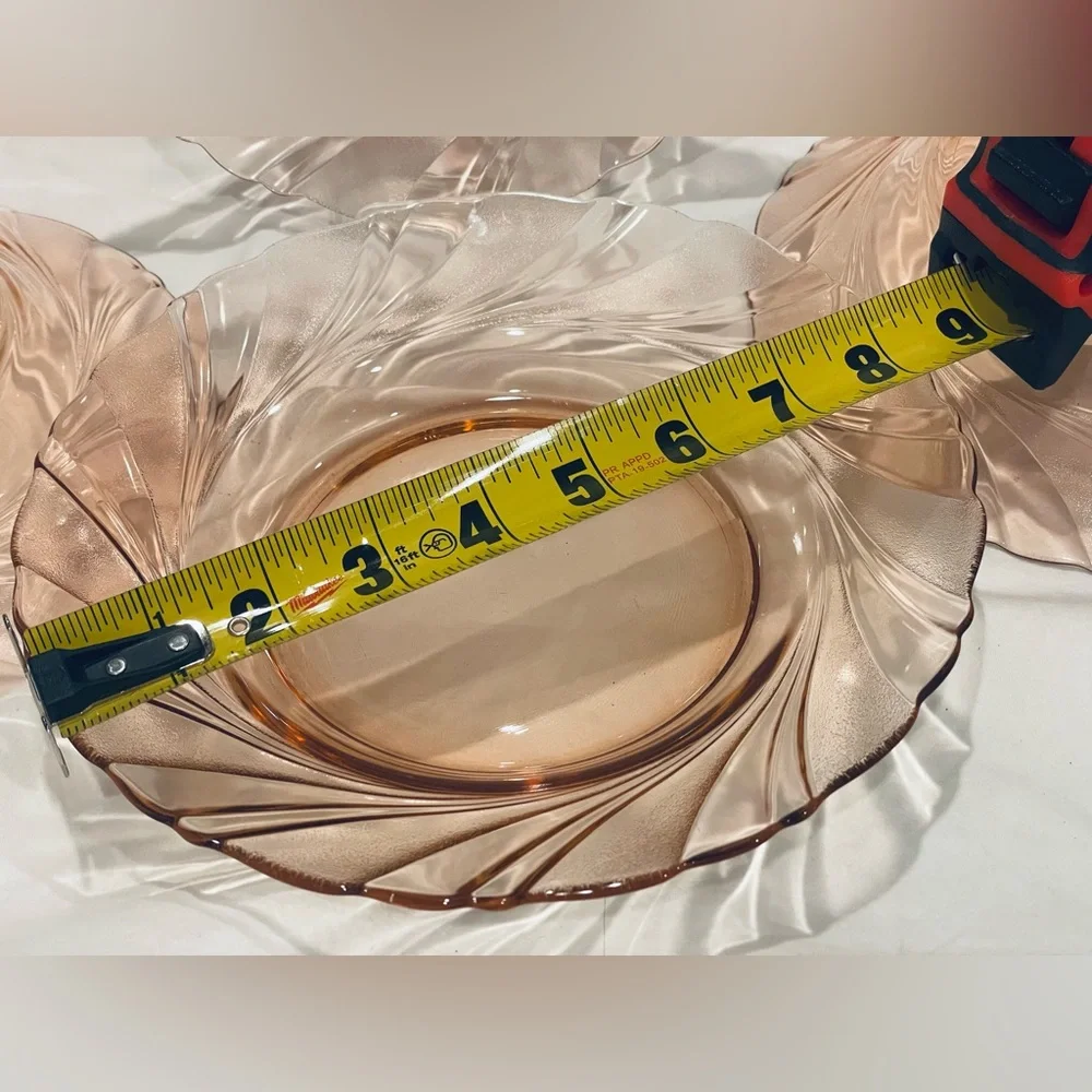 Set (4) Vereco France Pink Swirl Pattern Etched Glass Salad Plates | 8.25” | EUC